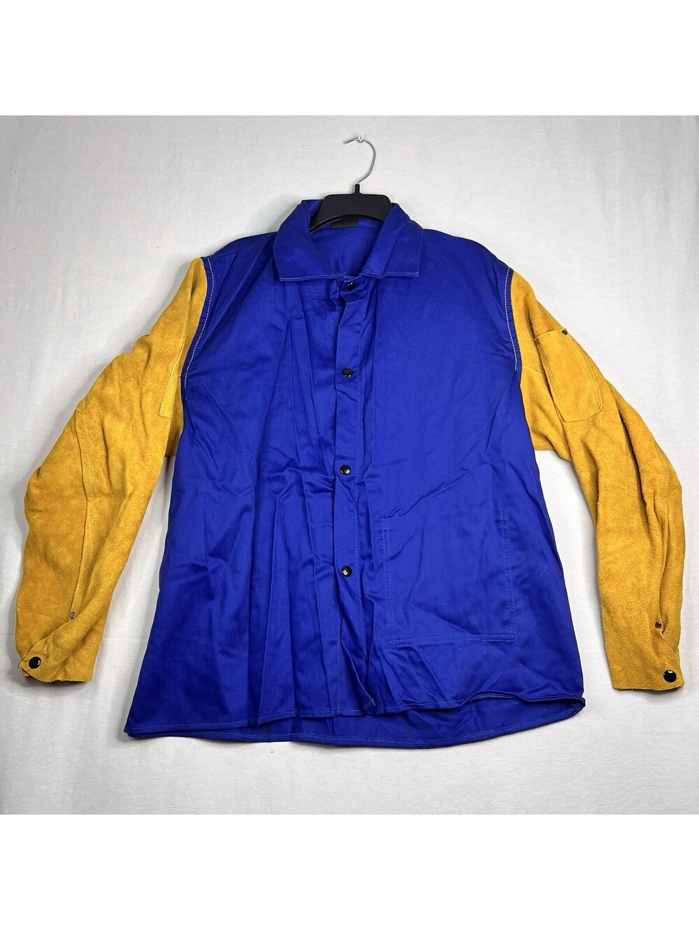 Welding Jacket Blue W/Leather Arms Front Button Up Shirt Pockets Men’s Large EUC